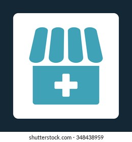 Clinic vector icon. Style is flat rounded square button, blue and white colors, dark blue background.