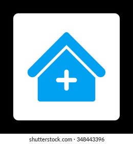 Clinic vector icon. Style is flat rounded square button, blue and white colors, black background.
