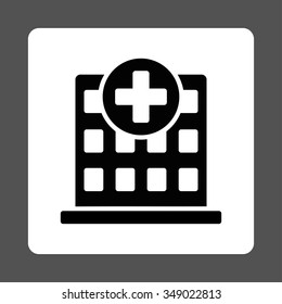Clinic vector icon. Style is flat rounded square button, black and white colors, gray background.