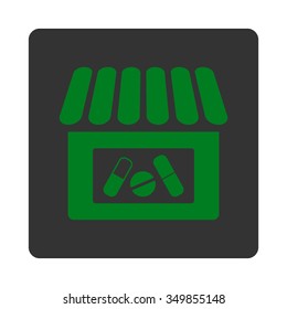 Clinic vector icon. Style is flat rounded square button, green and gray colors, white background.