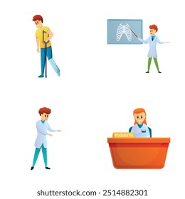 Clinic visit icons set cartoon vector. Patient podiatrist and therapist doctor. Treatment, healthcare concept