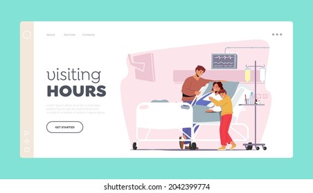 Clinic Visiting Hours Landing Page Template. Father and Son Visit Sick Mother with Arm Fracture. Female Patient Character Apply Treatment in Traumatology Department. Cartoon People Vector Illustration