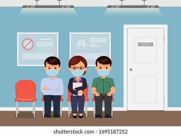 Clinic waiting room. Patients in face masks waiting for reception to the doctor. Test coronavirus. Pandemic and quarantine . Treatment for virus in clinic. Vector illustration in flat style.