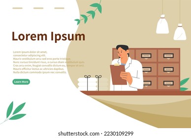 Clinic website. An oriental doctor is checking medicines in front of a chest of drawers.