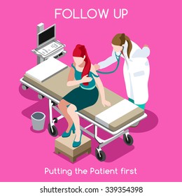 Clinic Woman Breast Cancer Check Up Visit. Patient Care Follow Up Infographic. Day Hospital Service. Medical Doctor 3D Isometric People. Medical Clinic Staff Breast Cancer Prevention Campaign Vector