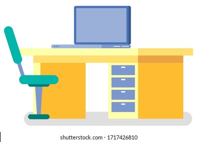 Clinic workplace with desktop and computer equipment, element of CT or MRI. Diagnostic research, nobody place in hospital or laboratory, technician vector