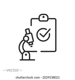 Clinical Analysis Check Icon, Scientific Laboratory, Medical Control Or Proven Experiment, Quality Lab Test, Chemistry Exam, Thin Line Symbol On White Background - Editable Stroke Vector Illustration