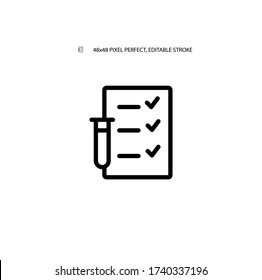 Resultado del análisis clínico, prueba de laboratorio, reporte de medicina, revisión de vih simple de la línea de la ilustración del vector. Trazo editable. 48x48 Pixel Perfecto.