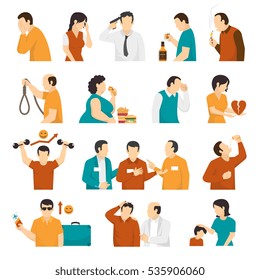 Depresión clínica y trastornos mentales síntomas de aviso tratamiento y prevención iconos planos colección de ilustraciones vectoriales aisladas