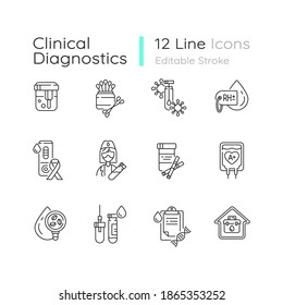 Clinical diagnostics linear icons set. Urinalysis, blood test. Hospital laboratory equipment. Healthcare. Customizable thin line contour symbols. Isolated vector outline illustrations. Editable stroke