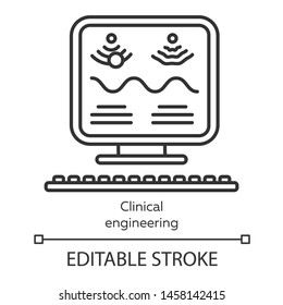 Clinical engineering linear icon. Healthcare technology. Medical computer examination. Bioengineering. Thin line illustration. Contour symbol. Vector isolated outline drawing. Editable stroke