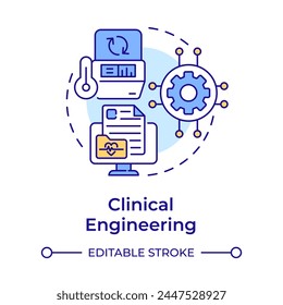 Clinical engineering multi color concept icon. Medical equipment. Patient monitoring and care. Round shape line illustration. Abstract idea. Graphic design. Easy to use in presentation