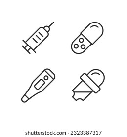 Clinical equipment pixel perfect linear icons set. Measuring temperature. Injection and capsule drug form. Customizable thin line symbols. Isolated vector outline illustrations. Editable stroke