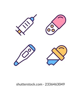 Clinical equipment pixel perfect RGB color icons set. Measuring temperature. Injection and capsule drug form. Isolated vector illustrations. Simple filled line drawings collection. Editable stroke