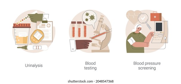 Ensayo clínico conjunto de ilustraciones vectoriales conceptuales abstractas. Urinálisis, análisis de sangre y de presión, detección de problemas de salud, prueba de embarazo, metáfora abstracta de laboratorio microbiológico.