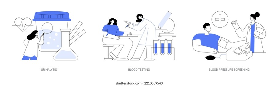 Clinical examination abstract concept vector illustration set. Urinalysis, blood testing and pressure screening, health problem detection, pregnancy test, microbiological laboratory abstract metaphor.