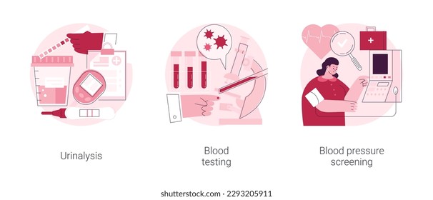 Clinical examination abstract concept vector illustration set. Urinalysis, blood testing and pressure screening, health problem detection, pregnancy test, microbiological laboratory abstract metaphor.