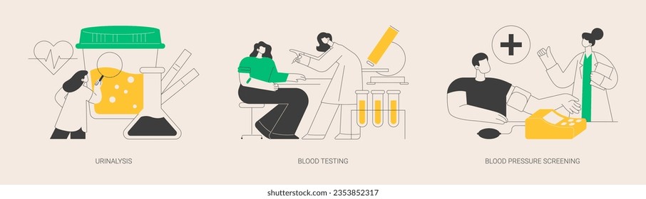 Clinical examination abstract concept vector illustration set. Urinalysis, blood testing and pressure screening, health problem detection, pregnancy test, microbiological laboratory abstract metaphor.
