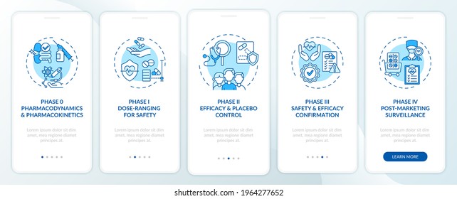 Clinical Examination Phases Onboarding Mobile App Page Screen With Concepts. Dosage, Efficiency Walkthrough 5 Steps Graphic Instructions. UI, UX, GUI Vector Template With Linear Color Illustrations