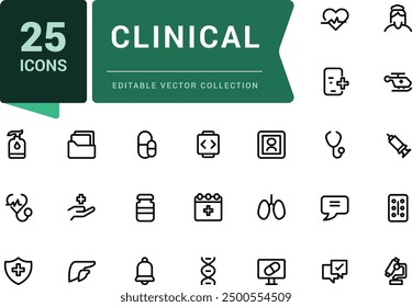 Clinical icon bundle. Set of outline icons related to healthcare, medical, medicine. Linear icon collection. Simple editable vector stroke illustration.