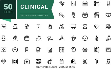 Paquete de íconos clínicos. Conjunto de iconos de esquema relacionados con la salud, medicina, medicina. Colección de iconos lineales. Ilustración de trazo de Vector editable simple.