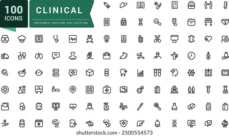 Clinical icon bundle. Set of outline icons related to healthcare, medical, medicine. Linear icon collection. Simple editable vector stroke illustration.