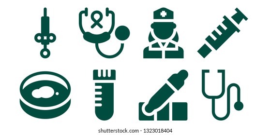 clinical icon set. 8 filled clinical icons.  Simple modern icons about  - Petri dish, Syringe, Vial, Stethoscope, Eyedropper, Nurse