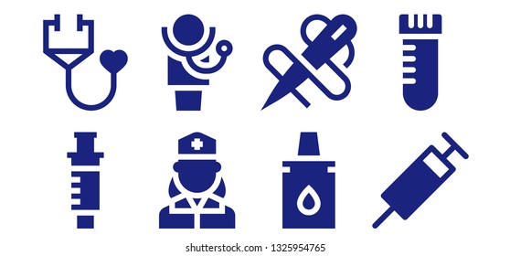 clinical icon set. 8 filled clinical icons.  Collection Of - Syringe, Stethoscope, Nurse, Doctor, Eyedropper, Needle, Vial