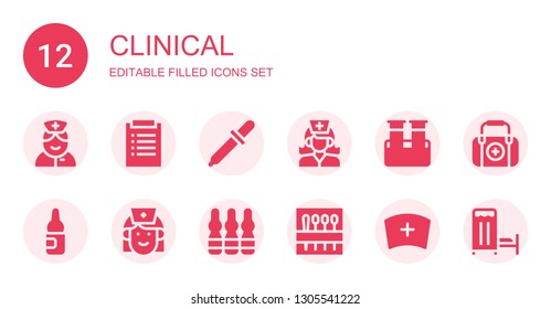 clinical icon set. Collection of 12 filled clinical icons included Nurse, Diagnosis, Eyedropper, Blood sample, Ampoule, Needle, First aid, Medical room