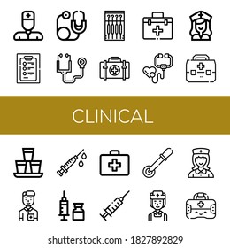 clinical icon set. Collection of Nurse, Diagnosis, Stethoscope, Needle, First aid kit, Shots, Syringe, Pipette icons