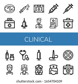 clinical icon set. Collection of Sample, First aid kit, Syringe, Nurse, Medical report, Stethoscope, Needle, Surgery lamp icons