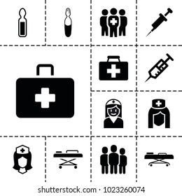 Clinical icons. set of 13 editable filled clinical icons such as first aid kit, syringe, nurse, medical ampoule, medical group