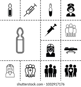 Clinical icons. set of 13 editable filled and outline clinical icons such as medical ampoule, medical group, nurse, hospital stretch