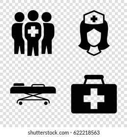 Clinical icons set. set of 4 clinical filled icons such as first aid kit, nurse, medical group