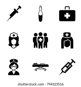 Clinical icons. set of 9 editable filled clinical icons such as syringe, nurse, medical ampoule, medical group, hospital stretch