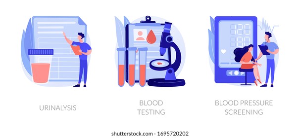 Clinical Laboratory Analysis Icons Cartoon Set. Health Examination. Biological Markers. Urinalysis, Blood Testing, Blood Pressure Screening Metaphors. Vector Isolated Concept Metaphor Illustrations.