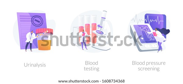 臨床検査室での分析アイコンカートーンセット 健康診断 生物マーカー 尿検査血液検査血圧スクリーニングメタファー ベクター画像のコンセプトの例えイラスト のベクター画像素材 ロイヤリティフリー