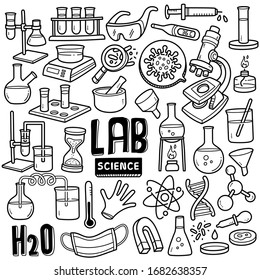 Clinical laboratory sciences doodle drawing collection  Elements such as lab equipments  experiments etc are included  Hand drawn vector doodle illustrations isolated over white background 