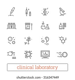 Clinical Laboratory Thin Line Icons: Medicine Science, Virology Study, Microbiology Assay, Immune System Analysis, Genetics, Diagnostic Equipment, Medical Tools. Modern Vector Design Elements.