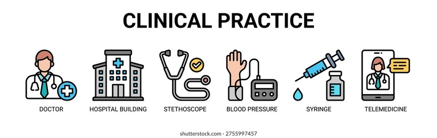 Clinical Practice web banner icon vector illustration concept with icons of doctor, hospital building, stethoscope, blood pressure, syringe, and telemedicine.