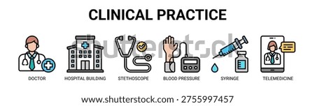 Clinical Practice web banner icon vector illustration concept with icons of doctor, hospital building, stethoscope, blood pressure, syringe, and telemedicine.