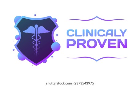 Signo clínico probado. Icono plano, púrpura, medicina en un escudo, clínicamente probado. Icono de vector