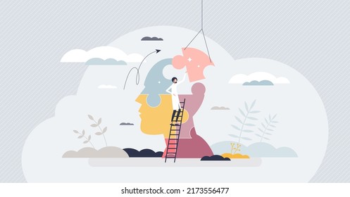 Clinical psychology as mental and behavioral health care tiny person concept. Emotional illness support with therapy and thinking change vector illustration. Doctor assistance for mental disease.