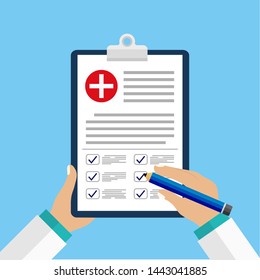 Clinical record, prescription, medical checkup report, health insurance concepts. Clipboard with checklist and medical cross and doctor hands in mockup style for website or mobile apps design. eps10
