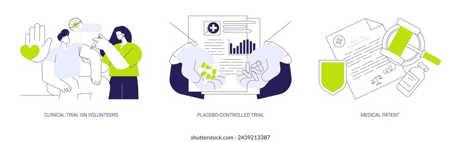 Clinical research abstract concept vector illustration set. Clinical trial on volunteers, placebo-controlled trial, medical patent, disease treatment, pharmaceutical company abstract metaphor.