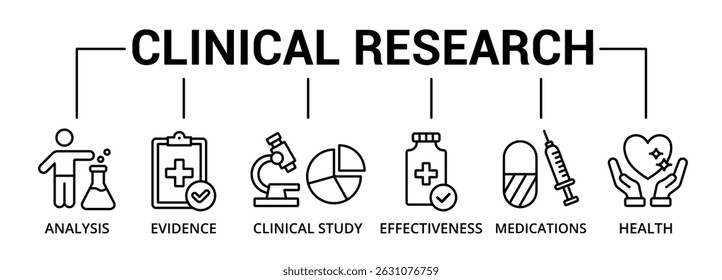 Clinical research banner icon with analysis, evidence, clinical study, effectiveness, medications, health