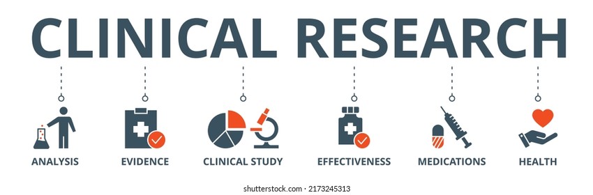 Clinical Research Banner Web Icon Vector Illustration Concept With Icon Of Analysis, Evidence, Clinical Study, Effectiveness, Medications And Health