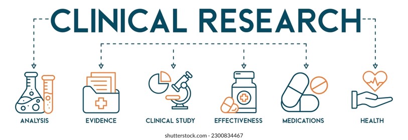 Clinical research banner web icon vector illustration concept with icon of analysis, evidence, clinical study, effectiveness, medications and health