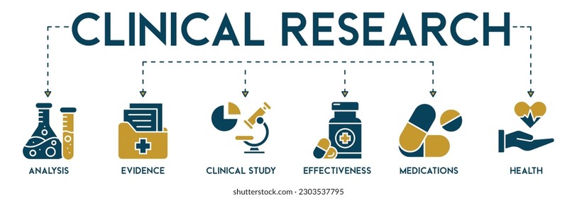 Clinical research banner web icon vector illustration concept with icon of analysis, evidence, clinical study, effectiveness, medications and health