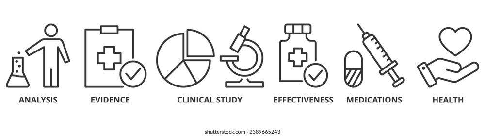 Clinical research banner web icon vector illustration concept with icon of analysis, evidence, clinical study, effectiveness, medications and health